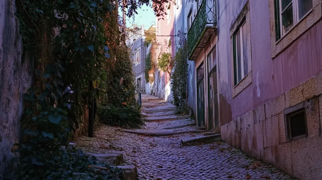 A narrow, cobblestone alleyway in an urban area ascends a hill, bordered by residential buildings with variously colored facades. The alley is lined with lush, green foliage on one side, while overhanging balconies and windows adorned with shutters can be seen along the other - a scene perfect for anybody. - easytrip.ai - Best Trip Planning Website