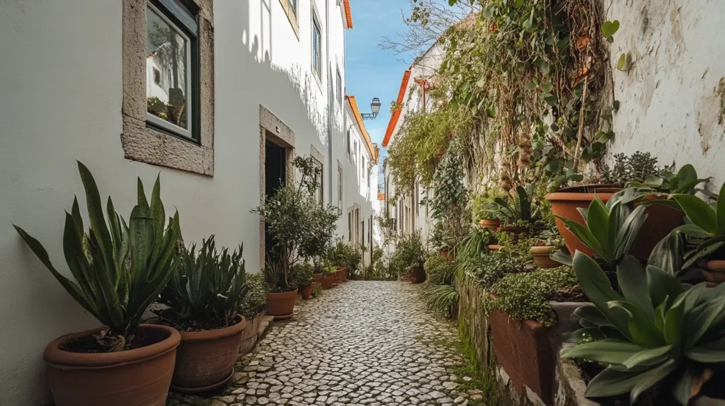 Narrow cobblestone alleyway lined with potted plants and greenery along the walls of whitewashed buildings with windows. Overhead, a clear blue sky is visible, with a lamppost in the distance. The serene atmosphere conveys a quaint, picturesque setting - easytrip.ai - Best Trip Planning Website