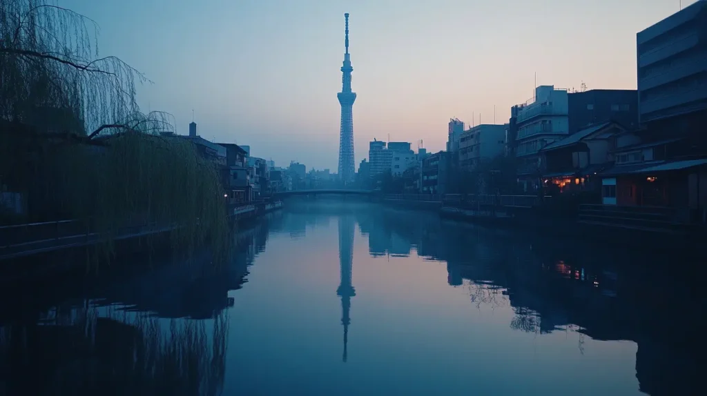 A serene cityscape at dusk showing a river flanked by buildings on both sides. In the distance, a tall tower, likely the Tokyo Skytree, stands prominently, its reflection mirrored in the calm water of the river. Sparse, soft lighting emanates from some windows, enhancing the tranquil ambiance—a perfect scene for a week Itinerary Template. - easytrip.ai