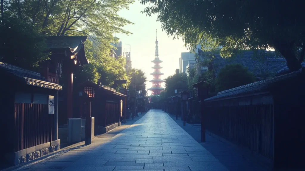 A tranquil, narrow street lined with traditional wooden buildings and lush greenery leads to a distant pagoda. The early morning sunlight casts a serene glow over the scene, highlighting the quiet, peaceful atmosphere of the picturesque setting—a perfect moment to capture in A Week Itinerary Template. - easytrip.ai