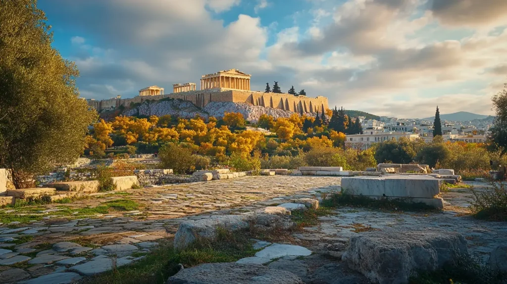 Ancient ruins under a partly cloudy sky with the Acropolis of Athens in the background. The Parthenon temple stands prominent on the rocky hill, surrounded by autumn-colored trees. Stone walkways and remnants of ancient structures scatter the foreground—a perfect snapshot for Road Scholar Trips. - easytrip.ai