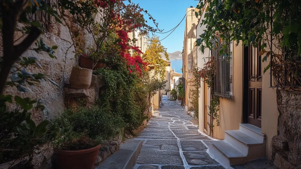 Narrow, cobblestone alley in a Mediterranean village with stucco buildings adorned with vibrant bougainvillea and other lush greenery. The pathway, framed by pots of plants, leads to a glimpse of a bright blue sea beneath a clear sky. Road Scholar Trips maker - Easytrip.ai notes electricity wires cross above the alleyway.