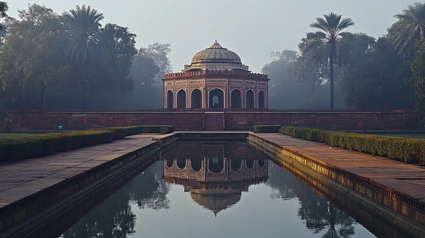 An octagonal pavilion with intricate arches and a domed roof stands surrounded by mist, reflecting in a rectangular water pond. The structure is framed by lush green hedges and tall palm trees, creating a serene and symmetrical view. The early morning light enhances the tranquil atmosphere, perfect for a top destination list from easytrip.ai - one of the best trip planner websites