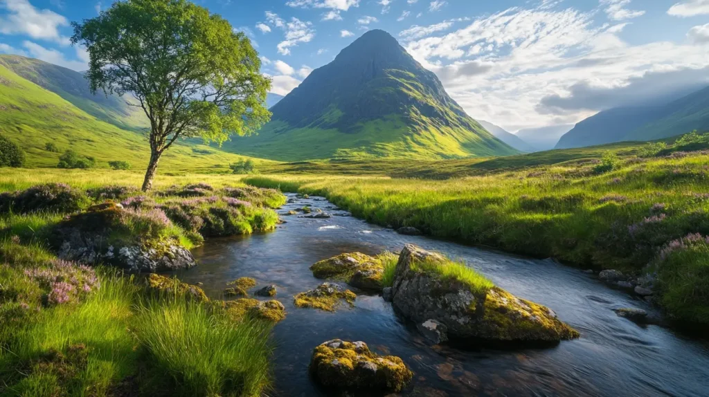 A serene landscape featured in a Free AI Trip Planner App showcases a lush green valley with a winding stream in the foreground. A solitary tree stands on the left, and rocky terrain surrounds the stream. In the background, a tall, conical mountain rises under a partly cloudy sky, bathed in soft, natural light. - easytrip.ai