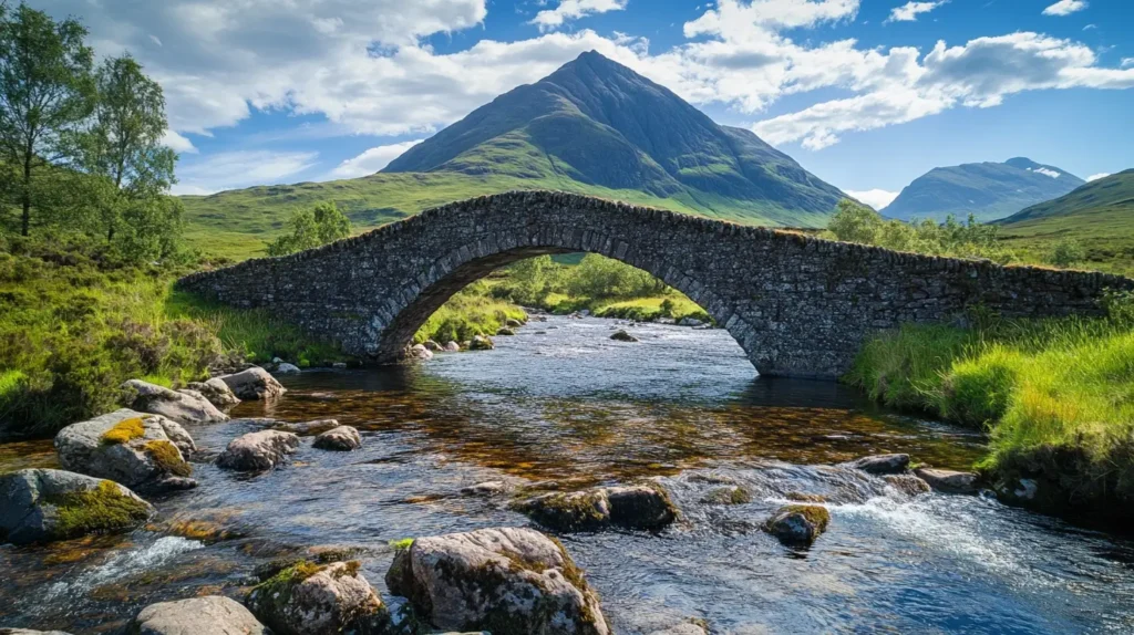 The scenic view of the stone arch bridge crossing a clear river, rocks, and grassy banks is perfect for a Free AI Trip Planner App. Tall mountains rise in the background under a partly cloudy blue sky. Lush green vegetation surrounds the serene setting, creating a tranquil and picturesque atmosphere. - easytrip.ai