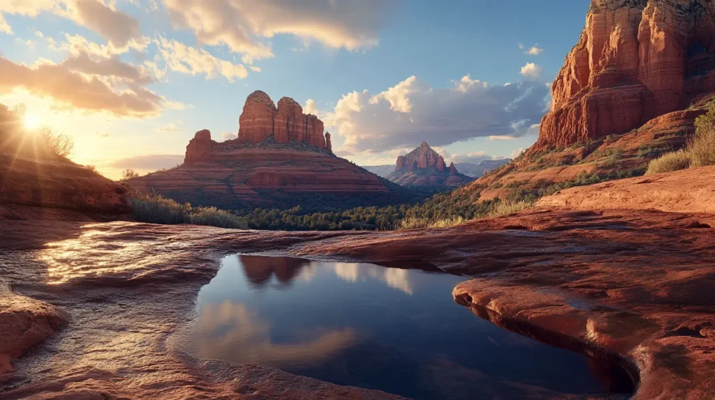 A scenic view of Sedona, Arizona, at sunset captured for My Travel Planner. The image features red rock formations glowing in the evening light, a calm pool of water reflecting the sky and cliffs, and a valley covered in green trees. Fluffy clouds scatter across the blue sky, enhancing the stunning natural landscape. - easytrip.ai - driving trip planning maker