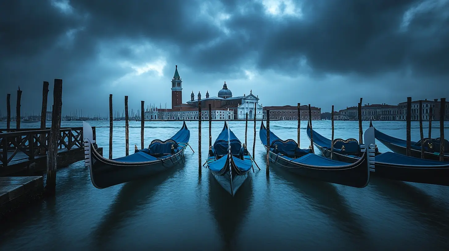 A moody scene of blue gondolas docked in Venice, facing a skyline of historic buildings under a stormy, dark sky. The water is calm, with reflections of the gondolas. St. Mark's Campanile and domes of basilicas are visible in the background, shrouded in an ominous atmosphere—perfect for My Travel Planner. - easytrip.ai