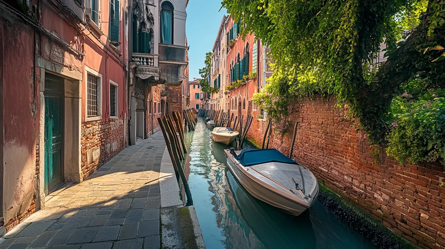 A picturesque canal lined with old brick buildings and lush greenery, as recommended by My Travel Planner. Two boats are moored along the narrow waterway. The left side features a sunlit sidewalk and quaint buildings with balconies and shuttered windows. Green vines cascade down the right side brick wall. - easytrip.ai