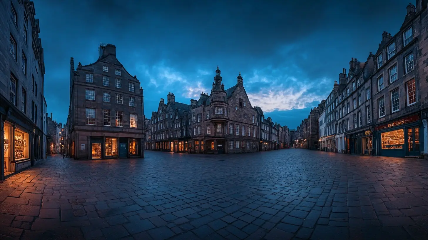 A nighttime view of an empty cobblestone street lined with old buildings featuring peaked roofs and lit windows. The sky is deep blue with a hint of light peeking through the clouds. The architecture suggests a historic European town—perfect for featuring in My Trip exploring Tourist Stuff Near Me — with narrow, winding streets and a peaceful atmosphere. - easytrip.ai