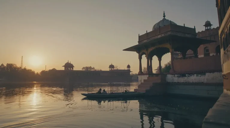 A serene, sunset-lit scene featuring an ornate, domed pavilion by the water's edge. Two figures in a boat glide across the calm, reflective surface of the water. Several similar structures and domes are silhouetted against the orange glow of the setting sun, creating a perfect backdrop for your AI travel planner. - easytrip.ai