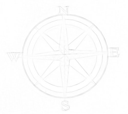 Faint sketch of a compass rose with four main cardinal directions: North, East, South, and West. The design features intersecting lines and an outer circle. The details are subtle, creating a delicate and minimalistic appearance on a plain background. Powered by Easytrip.ai - AI Trip Planner.