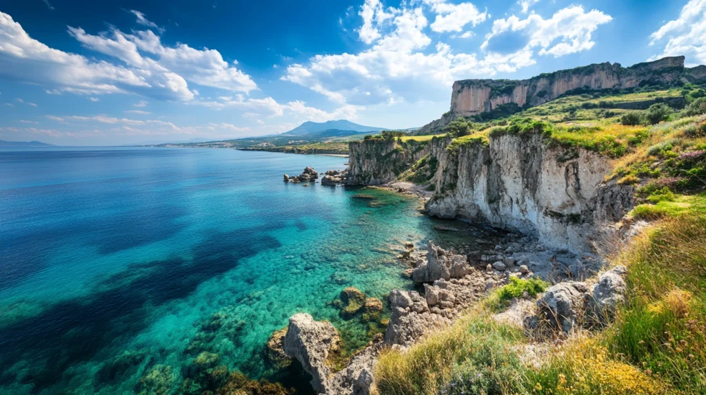 beautiful landscape of Sicily, Italy, featuring ocean and giant cliff