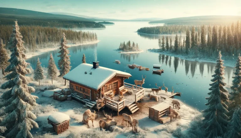 A cozy cabin is nestled beside a serene, partially frozen lake surrounded by snow-covered pine trees. Several reindeer are gathered around the cabin, adding to the wintery scene. Using an AI travel planner, you can easily add this idyllic spot to your itinerary. A soft, golden light bathes the landscape in the distance. - easytrip.ai