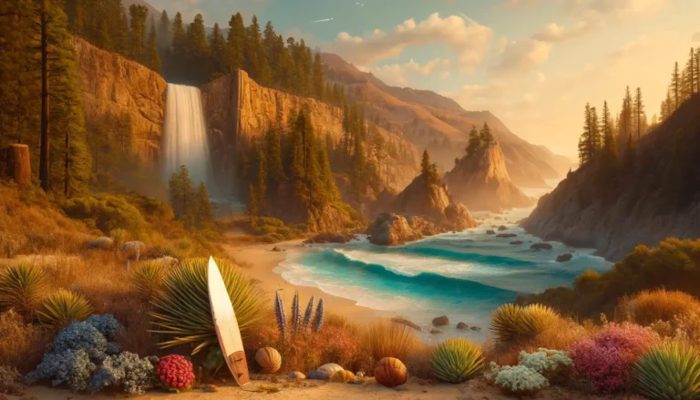 A sunlit coastal landscape with a waterfall cascading off a cliff into the ocean. Blue waves crash near rocky outcrops in a sandy cove. In the foreground, a surfboard is planted in the sand, surrounded by colorful vegetation including cacti, succulents, and flowering plants—perfect for an AI trip planner to include in your adventure. - easytrip.ai