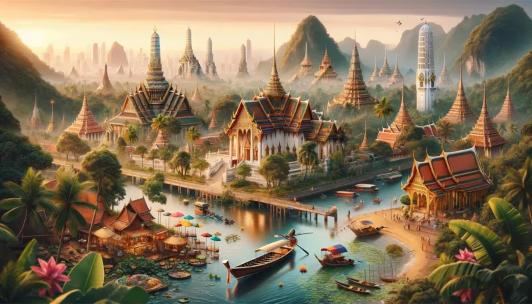 A vibrant, serene scene depicts a Thai-inspired city with traditional temples and modern skyscrapers. Boats float on the river amid a bustling floating market with colorful umbrellas. An AI trip planner can help you explore the lush greenery and majestic mountains surrounding the area under a golden sunset sky. - easytrip.ai