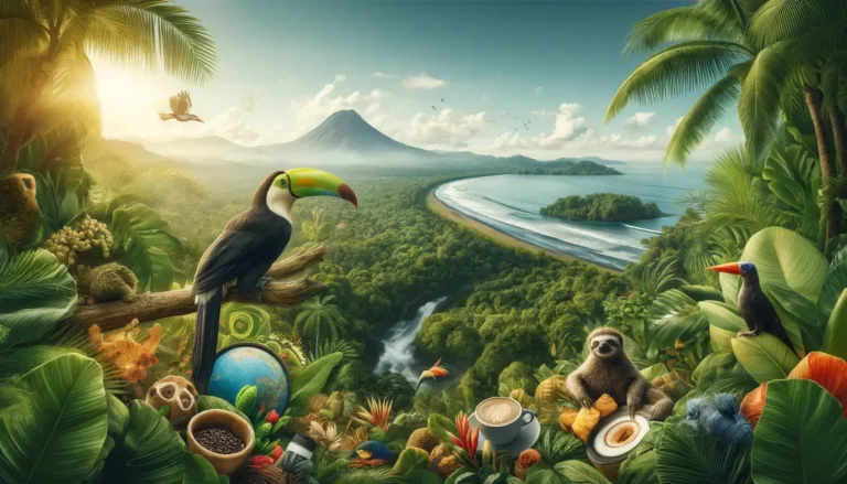 A vibrant tropical scene features a toucan perched on a branch in the foreground, and a sloth holding a coconut amid various fruits and foliage. A waterfall flows into a lush forest leading to a pristine beach. With an AI trip planner, explore the volcano and blue ocean visible under the sunny sky. - easytrip.ai