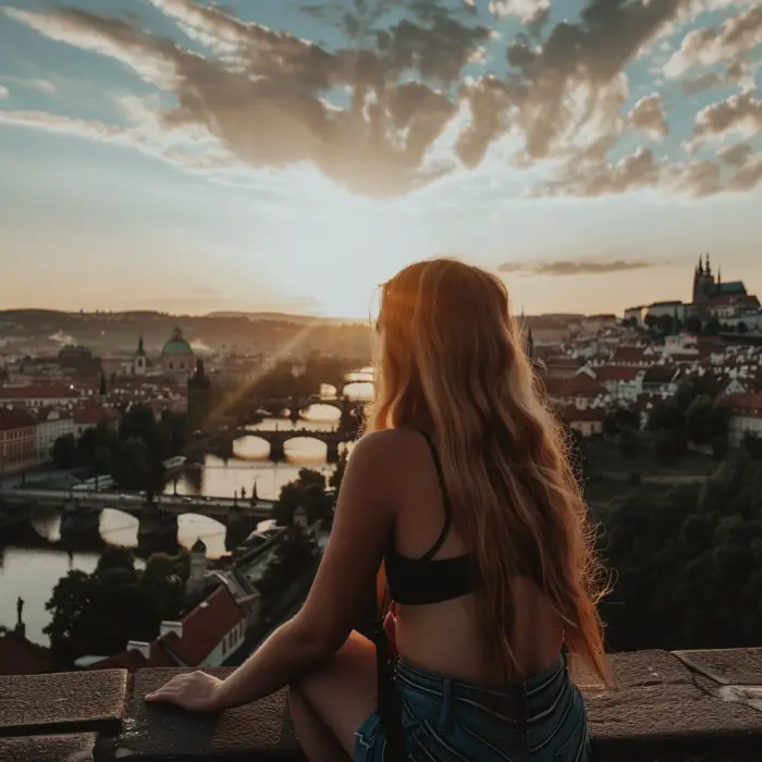 A woman with long, wavy blonde hair sits on a wall overlooking a cityscape at sunset. She wears a black crop top and denim shorts. Several bridges span a river below, leading to historic buildings and a distant cathedral under a sky dotted with scattered clouds—a scene an AI trip planner would adore. - easytrip.ai