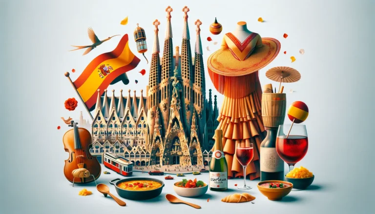 A vibrant collage showcases Spain's culture: a Spanish flag, a flamenco dress, Sagrada Família, musical instruments, traditional Spanish cuisine including paella and churros, a wine bottle, and glasses. Birds, fans, maracas add to the festive scene—perfect for any AI travel planner crafting your ideal itinerary. - easytrip.ai