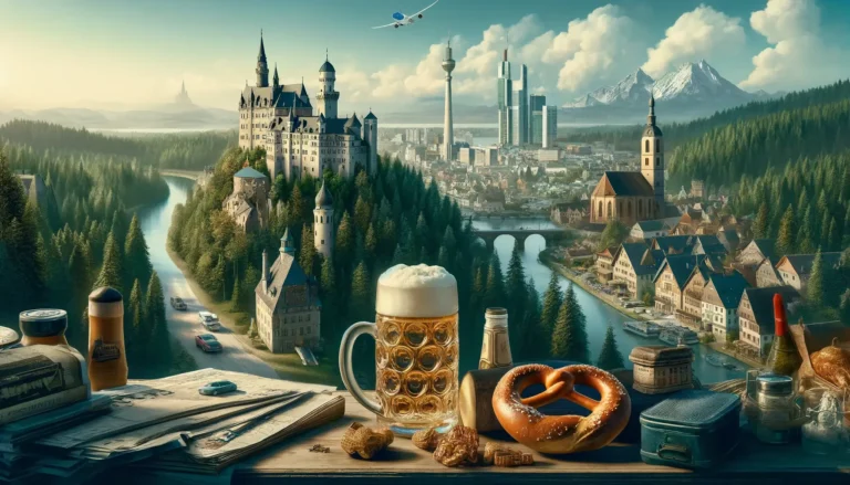 A scenic landscape blends a Bavarian town with modern city skyscrapers. A castle atop a forested hill overlooks a river curling through the town. In the foreground, a beer stein, pretzel, bread, and sausages sit on a wooden table beside an open newspaper. Airplane and mountains in the background complete this picturesque view, which you can explore effortlessly with an AI travel planner. - easytrip.ai