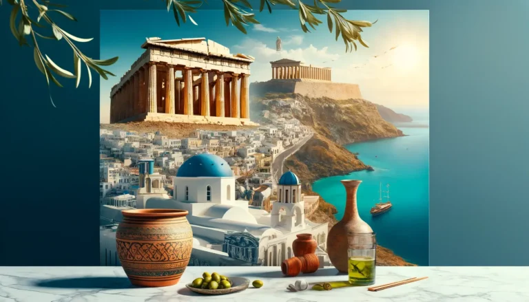 A digital art composition features ancient Greek architecture, including the Parthenon and white buildings with blue domes over a coastal town. In the foreground, a table holds a painted pot, olives, a glass jug with olive oil, garlic, and a candle under olive branches—perfect for an AI travel planner inspiration. - easytrip.ai