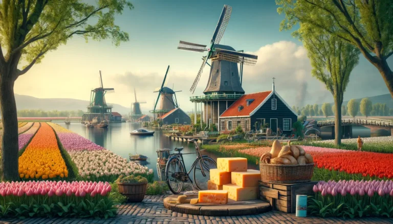 A picturesque landscape features traditional Dutch windmills near a calm canal, bordered by vibrant tulip fields in full bloom. A bicycle rests nearby, while a wooden basket holds cheese wheels, bread loaves, and a few tulips. The scene conveys a charming, tranquil rural life—perfect for an AI travel planner to help you explore. - easytrip.ai