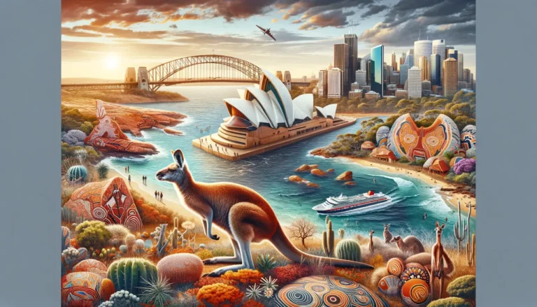 A surreal, colorful illustration depicts a kangaroo in the foreground with a backdrop of the Sydney Opera House and Sydney Harbour Bridge. Surrounding the scene are various Australian landmarks and flora. An airplane and a cruise ship hint at an adventure brought to life by an AI travel planner. - easytrip.ai