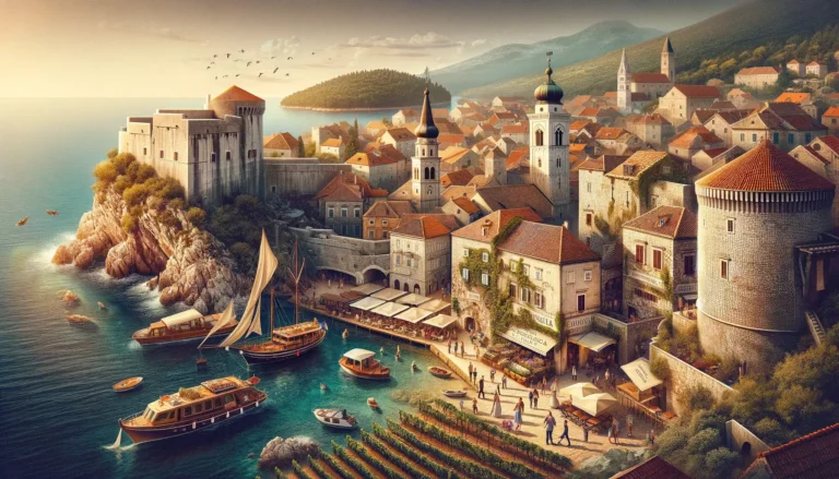 A vibrant coastal village with medieval architecture is perfect for an AI trip planner. Stone buildings with red-tiled roofs line the water's edge, sailboats docked nearby. People stroll along a bustling market by the sea, with towers, hills, and mountains in the backdrop and birds flying in the calm sky. - easytrip.ai