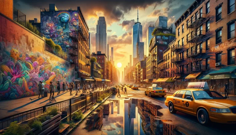 A vibrant city street scene at sunset with towering skyscrapers in the background. Colorful graffiti adorns a building on the left, pedestrians walk along the sidewalks, and yellow taxis drive on the wet road reflecting the sky. Fire escapes and storefronts line the street, capturing urban life—an ideal snapshot for any AI travel planner seeking authenticity. - easytrip.ai