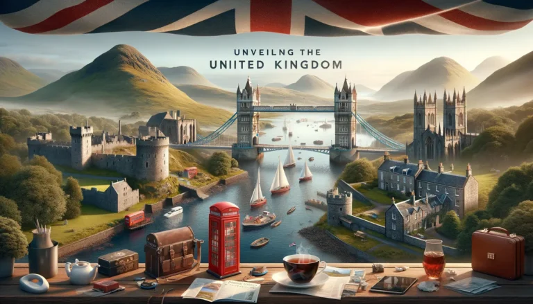 A picturesque UK-inspired scene features a river with a bridge resembling London's Tower Bridge, surrounded by lush hills and iconic landmarks. Foreground includes a red phone booth, a teapot, and British memorabilia. Text reads "Unveiling the United Kingdom" under a Union Jack flag, planned by an AI travel planner. - easytrip.ai