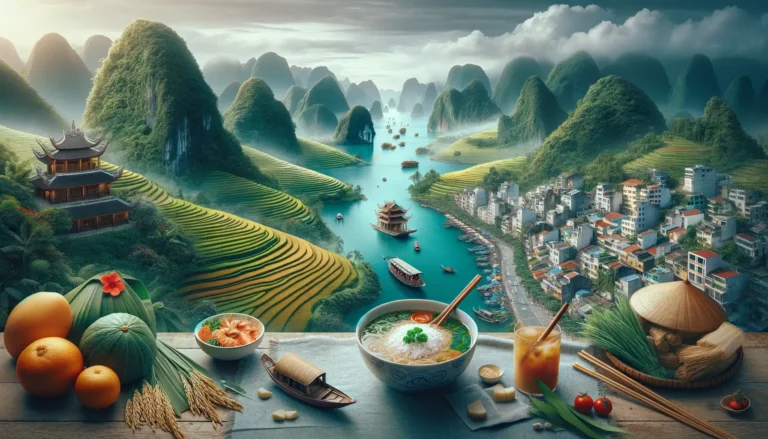 A picturesque landscape showcases green karst mountains and a winding river flanked by terraced rice fields. In the foreground, a table displays traditional Vietnamese dishes, including pho, fresh fruit, and a drink, enhancing the cultural richness of the scenic view—an idyllic spot for any AI travel planner to include in your next itinerary. - easytrip.ai