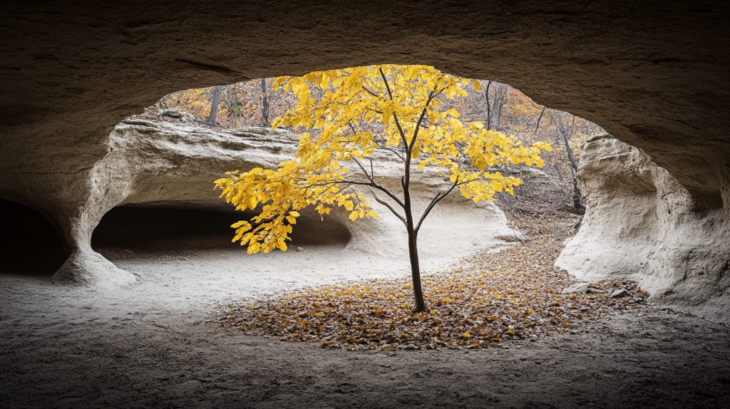 a beautiful spot in Zion showing a tree with yellow leaf in a cave, discovered when i plan my trip for me 