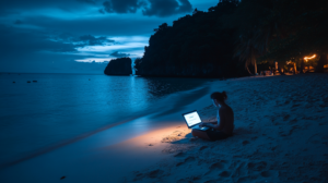 a female tourist is sitting on a beautiful beach at night and planning her trip, demonstrating opportunity of using AI in travel and hospitality