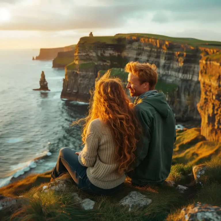 A couple sits on a grassy cliffside, overlooking the ocean at sunset. The person on the left has long, curly hair and wears a cream sweater, while the person on the right has short hair and wears a green jacket. The dramatic cliffs and the sea below are bathed in golden light—a moment perfectly captured by their AI trip planner. - easytrip.ai