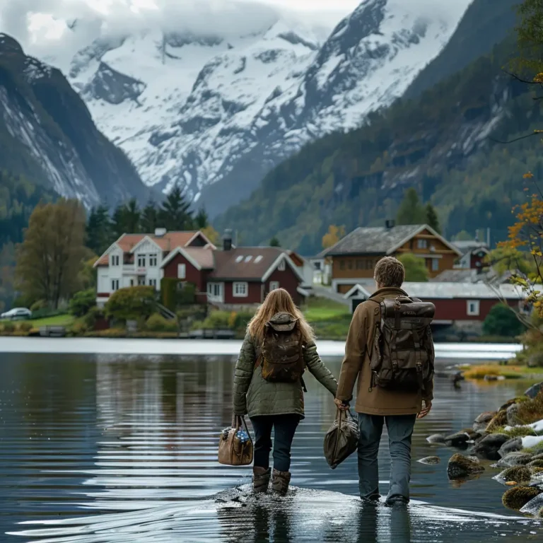 Two people in hiking gear walk hand-in-hand through shallow water toward rustic houses nestled in a valley. Snow-capped mountains rise in the background, while trees and autumn foliage line the scene. Both carry backpacks and bags, as if guided by an AI travel planner, emphasizing the adventure setting in the tranquil landscape. - easytrip.ai