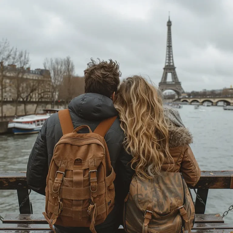 A couple stands on a bridge with their backs to the camera, overlooking a river with the Eiffel Tower in the background. They both wear backpacks and winter jackets, and the sky is overcast. Trees and buildings line the riverside, and a boat is docked nearby—a perfect moment planned by their AI travel planner. - easytrip.ai