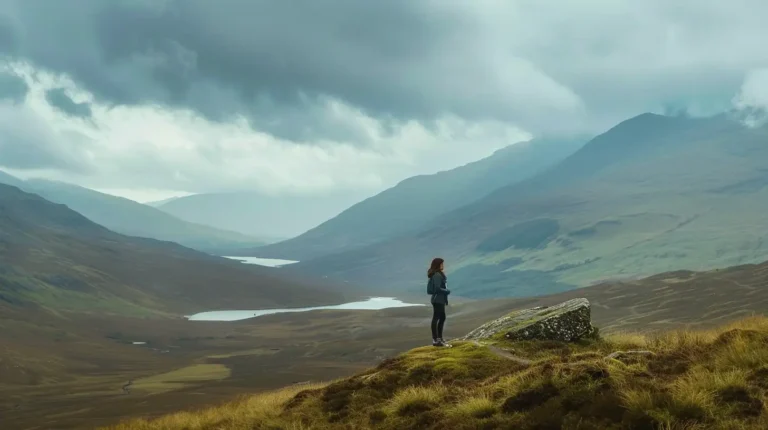 A person stands on a grassy hill overlooking a vast valley with rolling hills and a river meandering in the distance beneath an overcast sky. The scene is serene and expansive, with rich hues of green and brown dominating the landscape, as if chosen by an AI travel planner to capture nature's tranquil beauty. - easytrip.ai