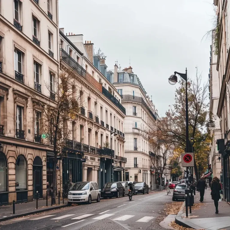 A quaint Parisian street lined with multi-story, beige buildings featuring traditional French architecture. Overcast weather casts a subdued light. Parked cars line the side of the street, and few people walk along the sidewalks. Sparse autumn foliage adds a hint of color, perfect for an AI travel planner's picturesque itinerary. - easytrip.ai