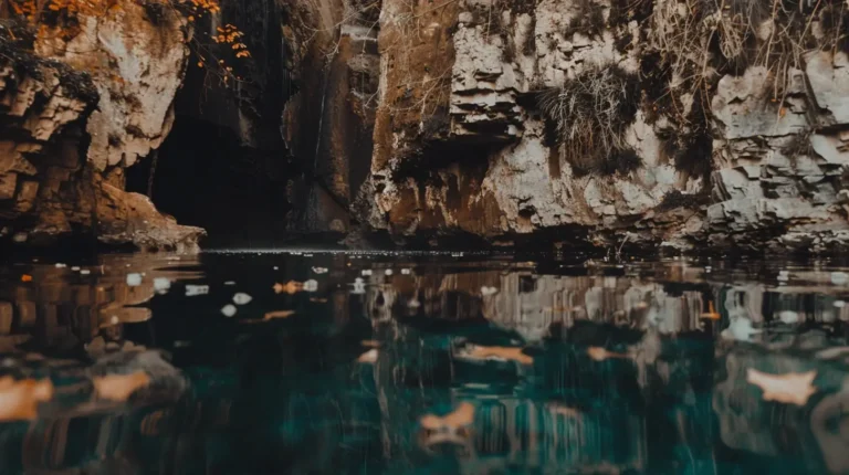 A serene cave entrance with rugged, rocky walls reflected in the clear, turquoise water. Leaves float on the water’s surface, and sparse foliage with autumnal oranges and browns clings to the rocks. The scene is tranquil and bathed in soft, natural light—perfectly curated by your AI trip planner. - easytrip.ai