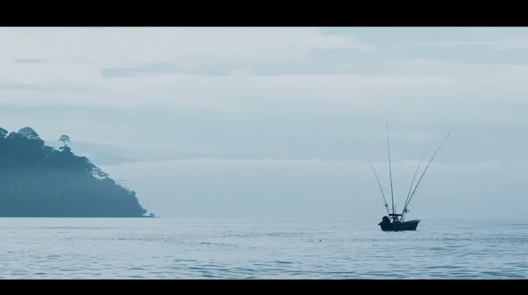 A small boat with tall fishing rods is on a calm body of water, set against a foggy backdrop. In the distance, a hazy forested landmass extends from the left side of the image. The sky above is overcast, blending seamlessly with the misty horizon—ideal scenery crafted by an AI travel planner. - easytrip.ai