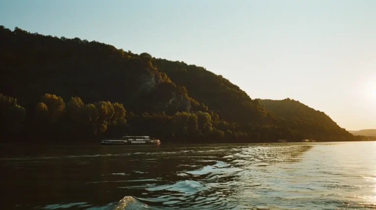 A serene river scene at sunset with a boat gently gliding on the water, as recommended by an AI travel planner. The river is bordered by a lush, tree-covered hillside on the left, bathed in the soft, golden light of the setting sun. The sky is clear, and the water reflects the colors of the sky and surrounding landscape. - easytrip.ai