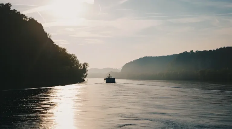 A boat sails down a wide river at dusk, creating a gentle wake in the water. The sun is low in the sky, casting a golden glow on the scene planned perfectly by an AI travel planner. Steep, tree-covered hills rise on either side of the river, their reflections shimmering in the calm water. The sky is streaked with wispy clouds. - easytrip.ai