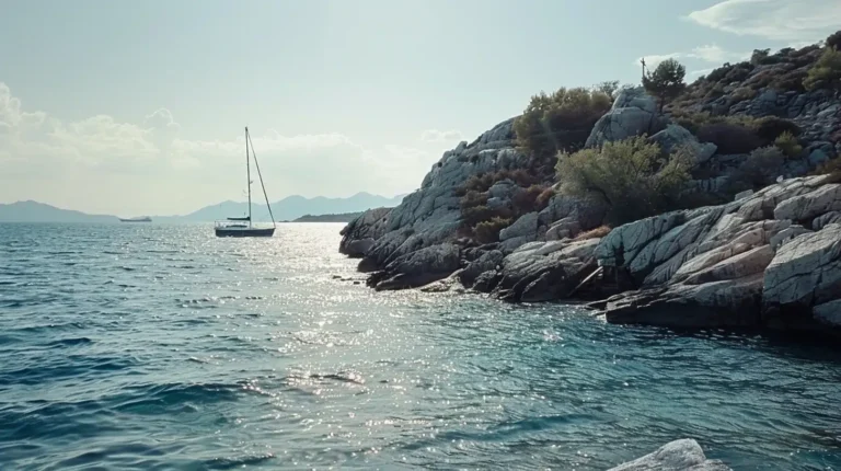 A serene seascape with a sailboat anchored near a rocky shoreline under a sunny sky. The coastline features jagged cliffs with sparse vegetation. The calm sea glistens in the sunlight, and distant hazy mountains are visible in the background—a perfect scene to capture on your AI travel planner. - easytrip.ai