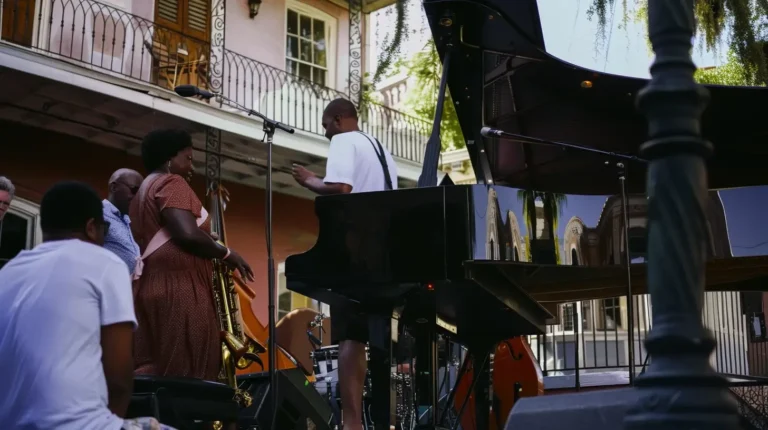 Musicians gather outdoors, near a black grand piano, preparing for a performance. Two individuals hold saxophones, while another stands nearby, adjusting equipment. Behind them is a pink building with ornate iron balconies and green shutters—a picturesque scene perfect for an AI travel planner. - easytrip.ai