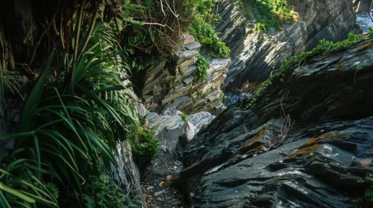 A narrow rocky path descends into a deep ravine, surrounded by steep cliffs. Lush green plants and ferns grow on the rocky surfaces, adding vibrant color to the otherwise grayish stone landscape. Sunlight filters through, highlighting textures and formations—perfect for an AI trip planner to include in your adventure itinerary. - easytrip.ai