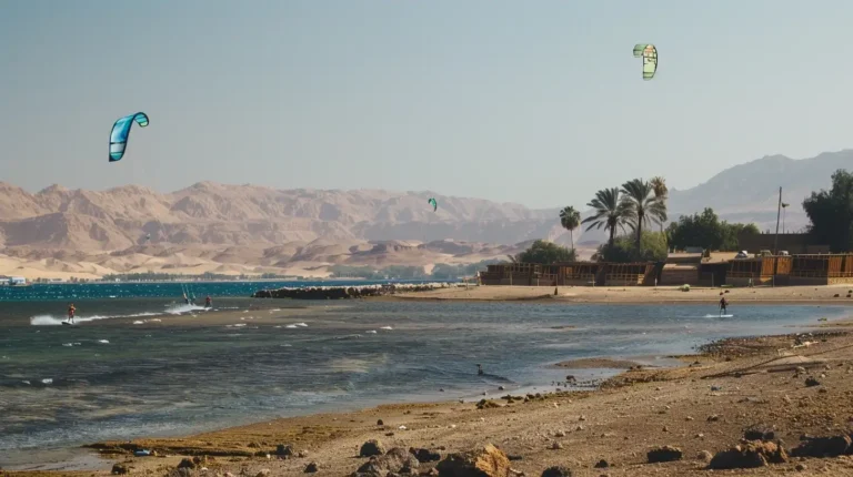 A scenic beach landscape with mountains in the background and a clear sky. The calm sea hosts several people kiteboarding. Palm trees line the shore, alongside rocky areas and small buildings. The overall atmosphere is serene and picturesque, perfect for an AI travel planner to include in your itinerary. - easytrip.ai