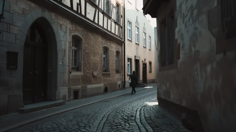 A person walks alone down a narrow, cobblestone street lined with old, historic buildings. The walls of the buildings feature a mix of stone and plaster, with windows and ornate woodwork. The scene is dim, suggesting early morning or late afternoon, creating a quiet and serene atmosphere—like something an AI travel planner might suggest for those seeking tranquility. - easytrip.ai