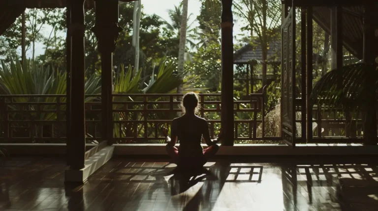 A person sits cross-legged in meditation on a polished wooden floor in an open pavilion overlooking lush greenery. Sunlight streams through the open doors, creating a serene and peaceful ambiance. Using an AI trip planner, they've found the perfect spot to connect with nature while silhouetted against the warm, natural light. - easytrip.ai