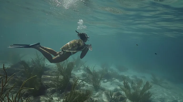 A snorkeler with fins swims underwater beside a sea turtle. The scene is filled with clear blue water, sunlight filtering through the surface, and aquatic plants and rocks on the seabed. Bubbles trail from the snorkeler's breathing apparatus as they glide along—a moment perfectly curated by an AI travel planner. - easytrip.ai