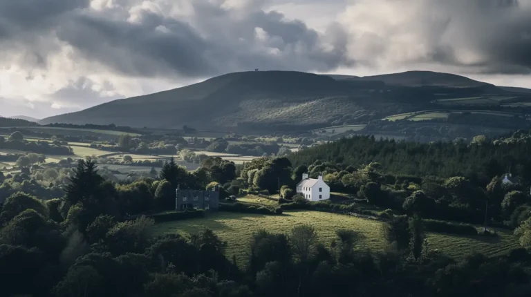 A white house nestled in a verdant, hilly landscape under a cloudy sky creates a picturesque scene that even an AI trip planner would highlight. The foreground's patchwork of fields and trees meets rolling hills and distant mountains in the background, with dramatic lighting accentuating the natural beauty. - easytrip.ai