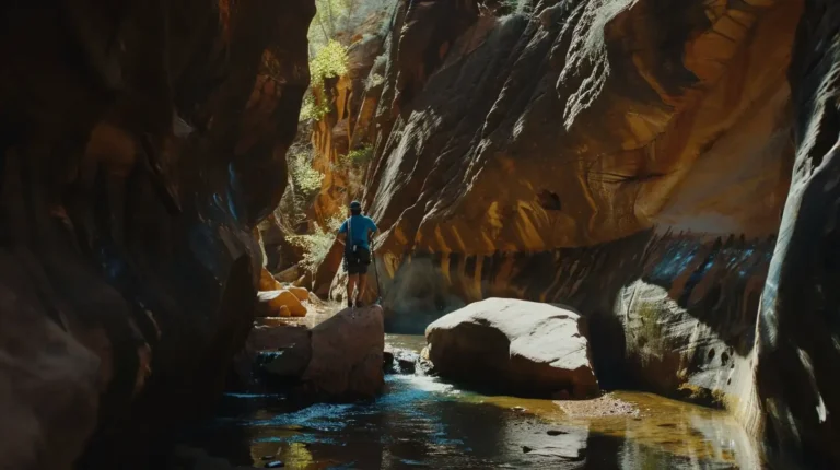 A person stands on a rock in a narrow canyon with towering, rugged walls. Sunlight filters through, illuminating parts of the rock surfaces and the shallow stream that flows through the canyon. Wearing a blue shirt and carrying a backpack, they marvel at the grandeur guided by their AI travel planner. - easytrip.ai